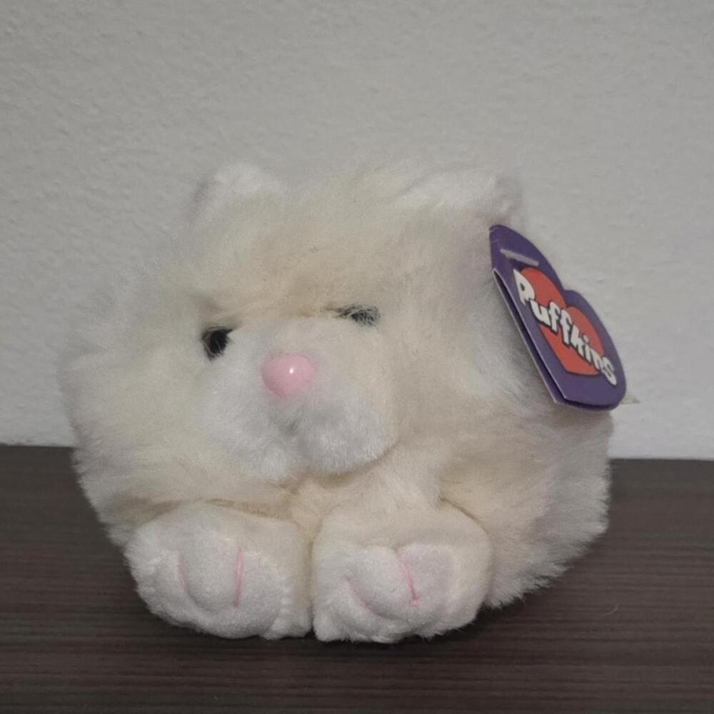 White Puffkins plush cat with pink nose and paws #kawaii #cute